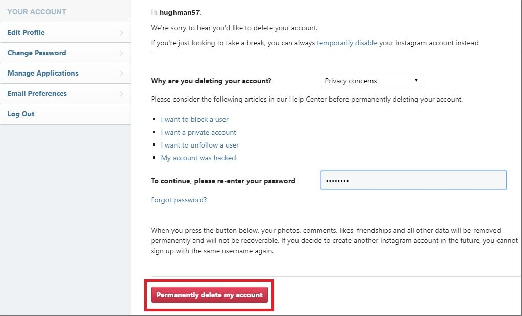 Menghapus Instagram Secara Permanen