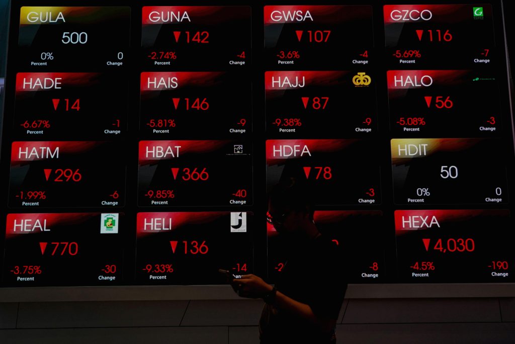 A downward trending stock market graph with red indicators, symbolizing the Jakarta Composite Index (IHSG) plunge by 1.75%.